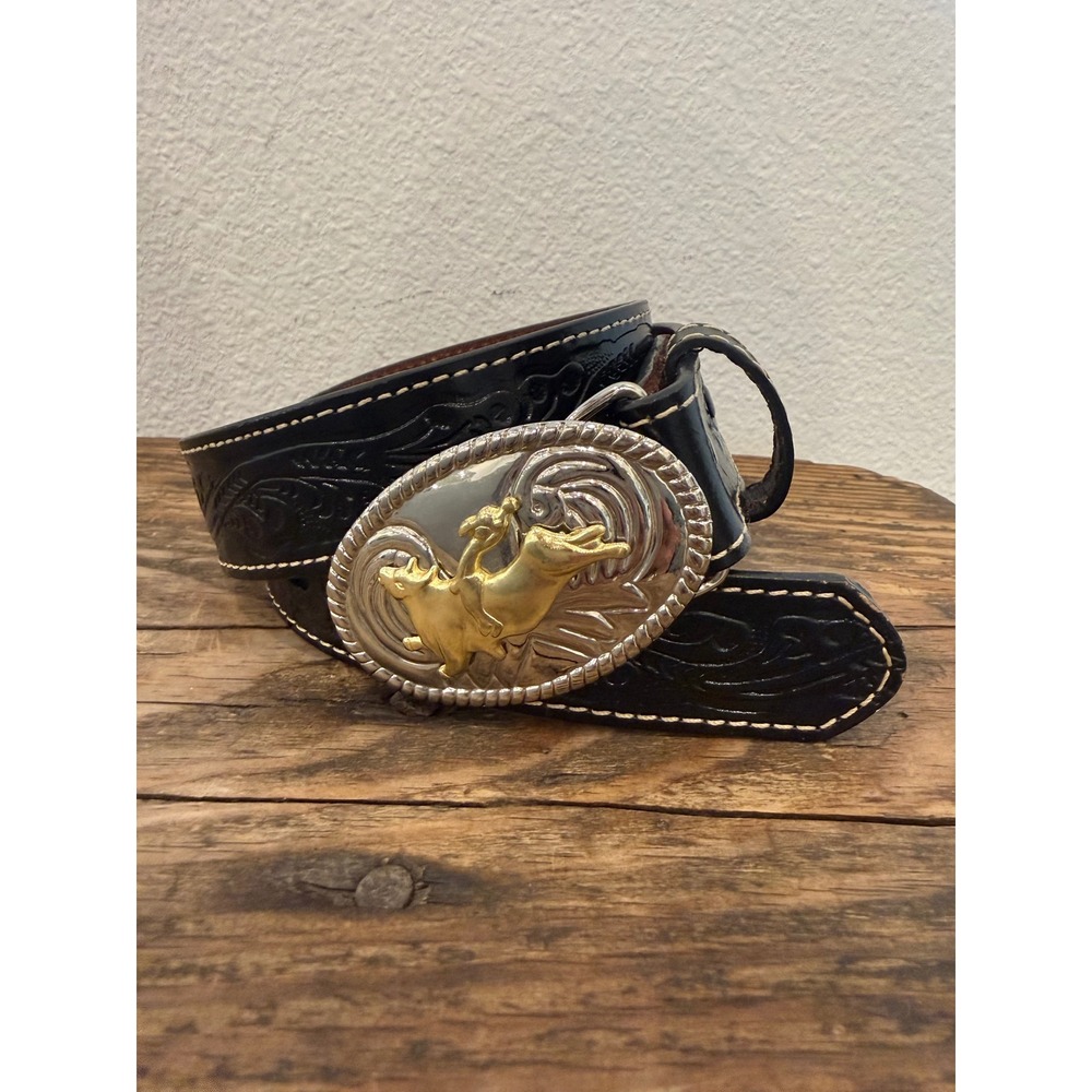 Nocona Kids Black Leather Western Tooled Belt Bull Rider Buckle N4410401-24